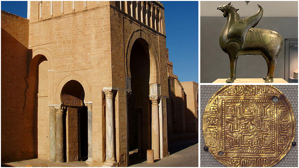L’ingresso della moschea di Tunisi, a fianco la statua di un ippogrifo e una moneta coniata a Bugia in Africa
