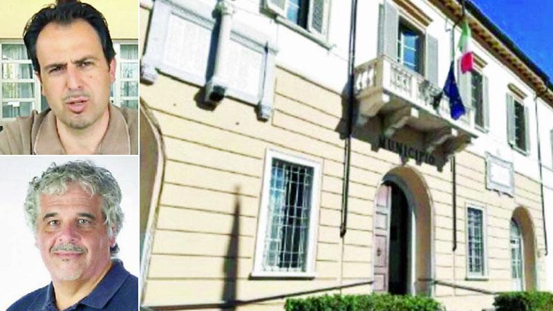 Il municipio di Massarosa, e a sinistra in alto Mario Navari e in basso Francesco Mauro