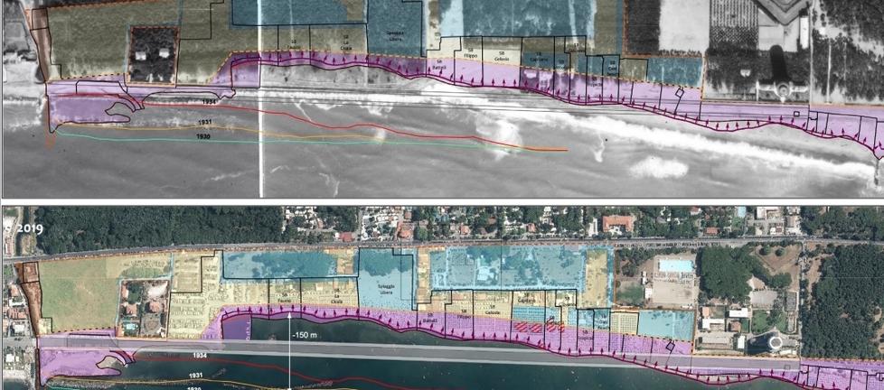 Il confronto tra la linea di costa nel 1944 e nel 2019 con la sovrapposizione dei due periodi