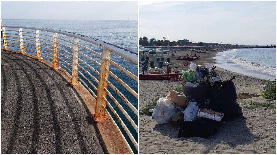 Lo stato del pontile a Marina di Massa, in piena estate e rifiuti per oltre dieci giorni abbandonati sulla spiaggia di Ronchi