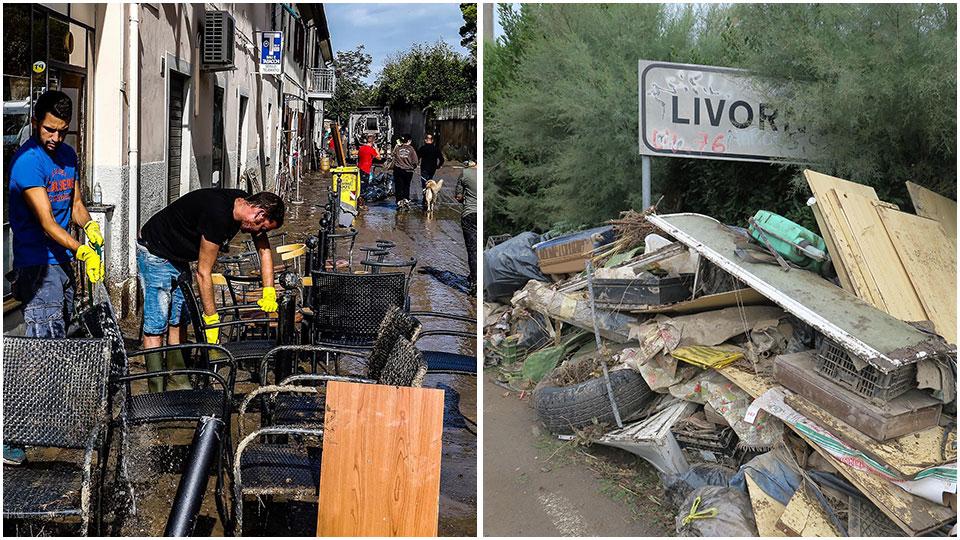 A sinistra volontari in azione per prestare aiuto agli alluvionati di Montenero, a destra un cumulo di materiali alluvionati sotto l’insegna stradale di Livorno