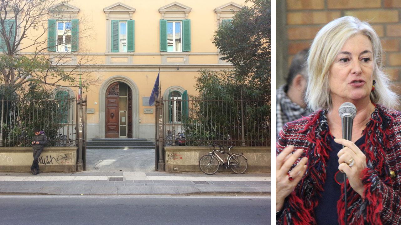 L’ingresso del Liceo Classico in via Ernesto Rossi e di fianco la nuova dirigente scolastica Teresa Cini