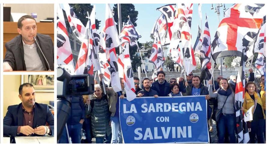 
	A sinistra, il coordinatore Giagoni e l'ex assessore Todde. Nella foto grande il governatore Solinas durante una manifestazione pro Lega

