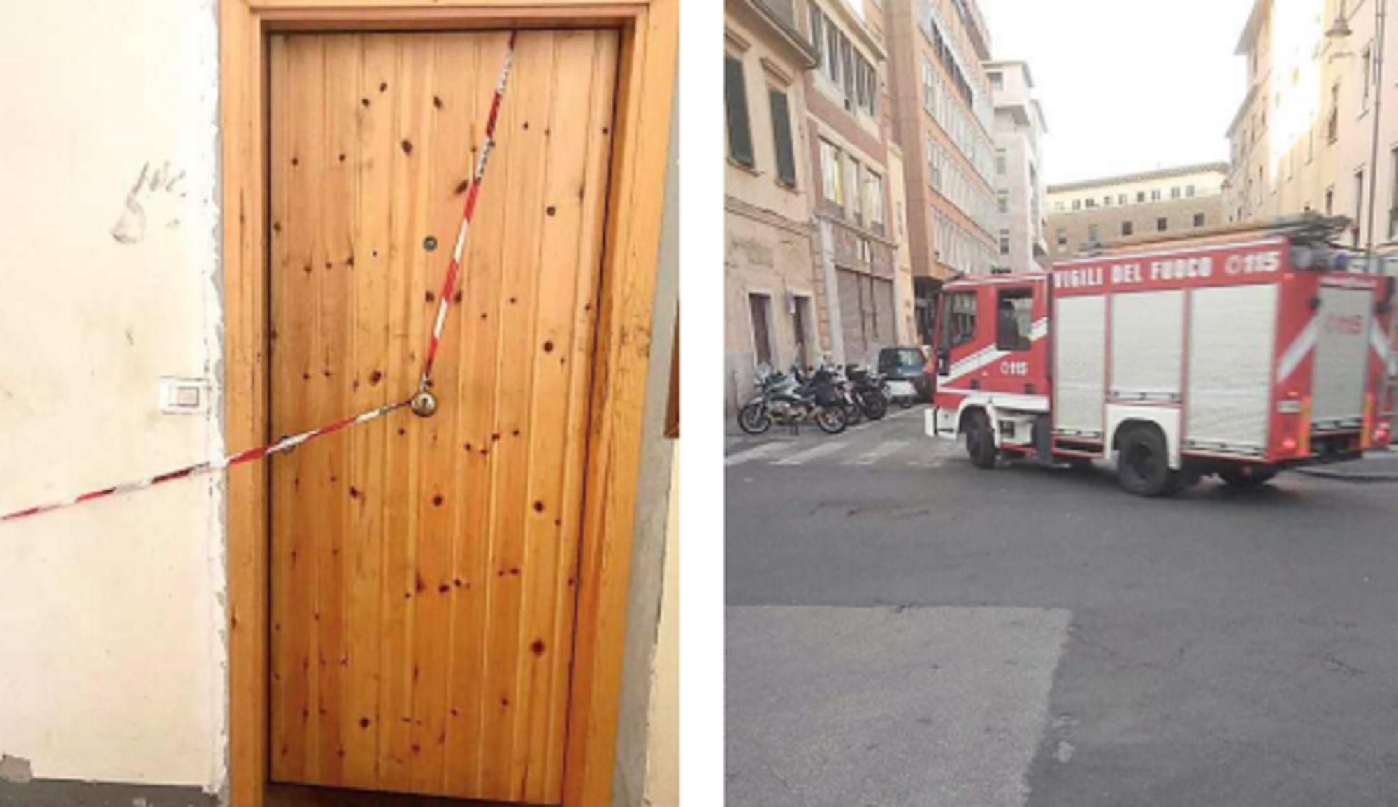 La porta col nastro e i vigili del fuoco in via Santa Fortunata