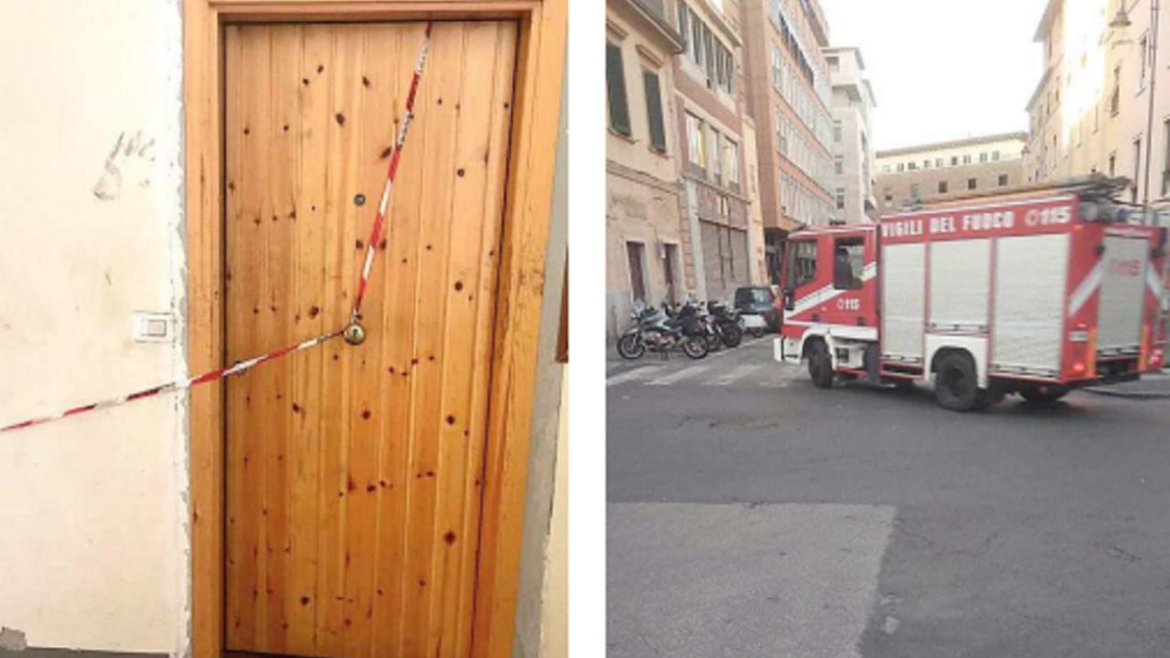 La porta col nastro e i vigili del fuoco in via Santa Fortunata