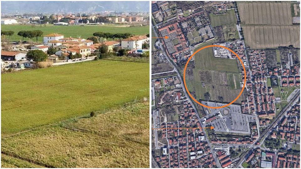 Una veduta dell’area dove è previsto il “Pisa Training Centre” e nel cerchio la zona scelta