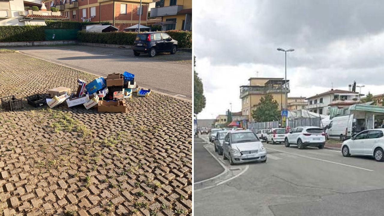 A sinistra i rifiuti del mercato. A destra auto in divieto tra la scuola e il mercato ambulante