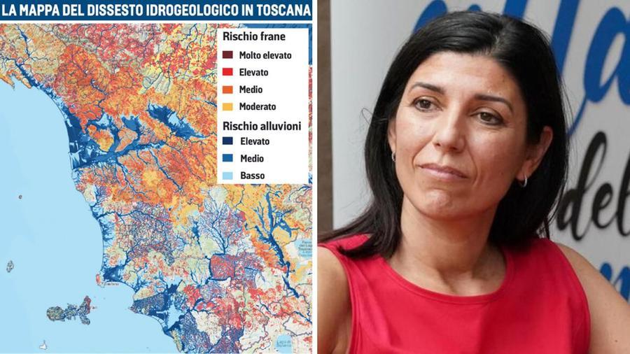 La mappa del rischio idrogeologico in Toscana (fonte Ispra) e l'assessora Monia Monni