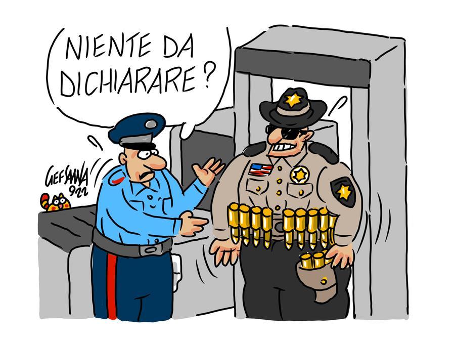La vignetta di Gef: sceriffo californiano cerca di imbarcarsi carico di proiettili