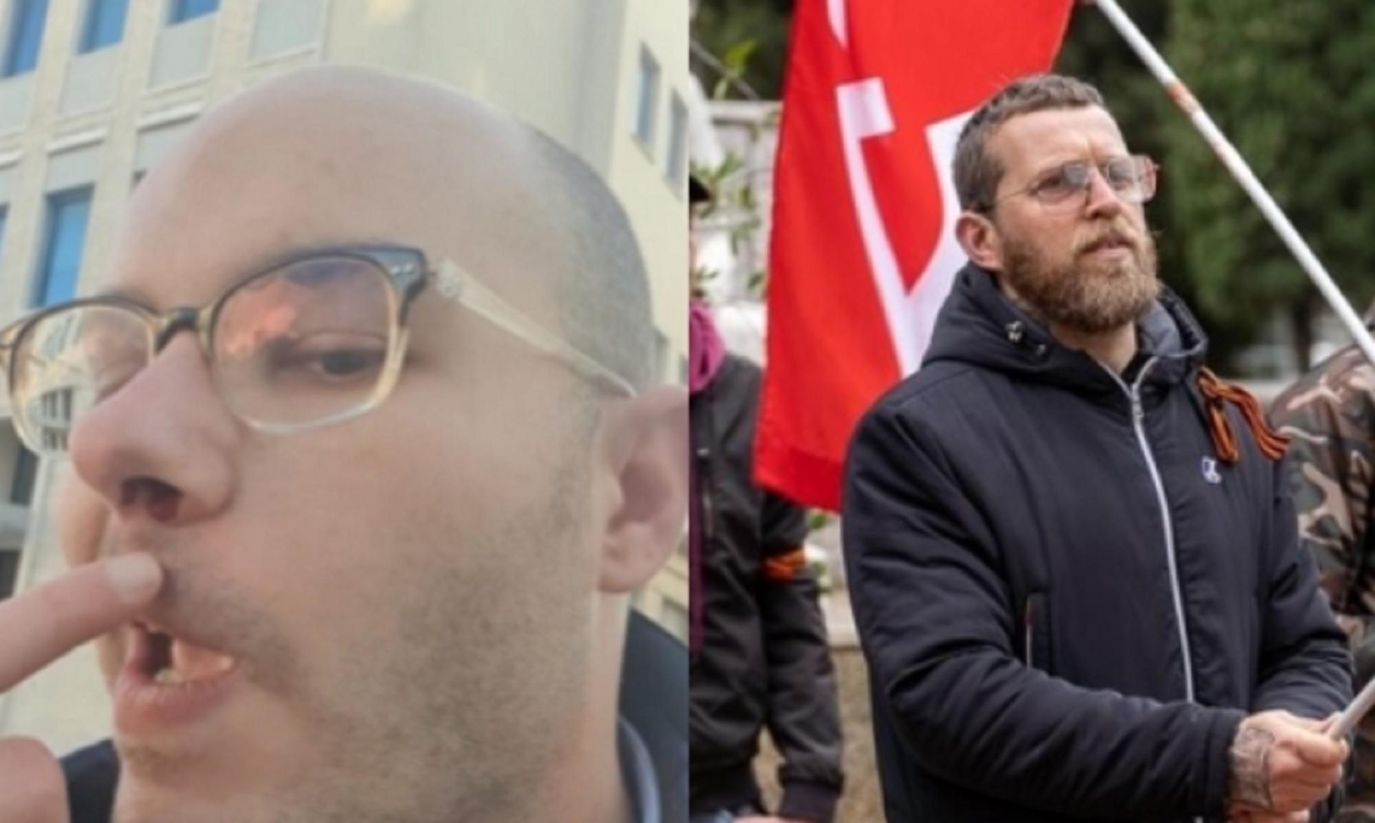 A sinistra il consigliere della Lega Alessandro Perini mentre mostra l'abrasione alla narice. A destra l'ex pugile e segretario del Partito comunista livornesi Lenny Bottai