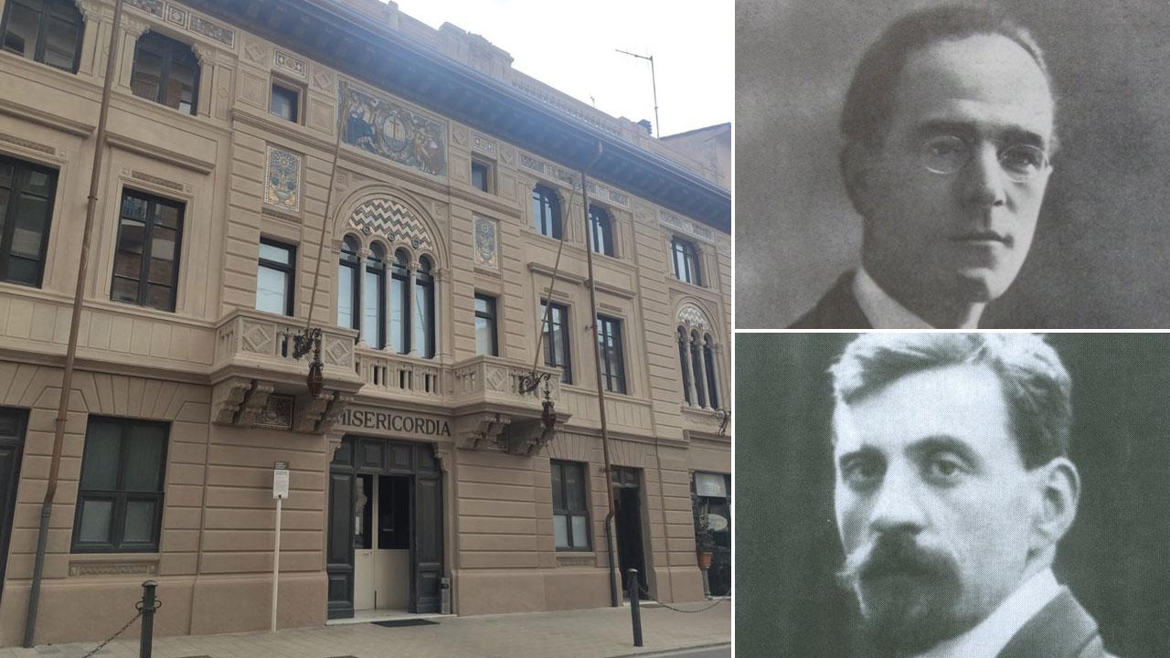 La facciata della sede della Misericordia in via Cavallotti. Di fianco Alfredo Belluomini e sotto l’artista Galileo ChinI
