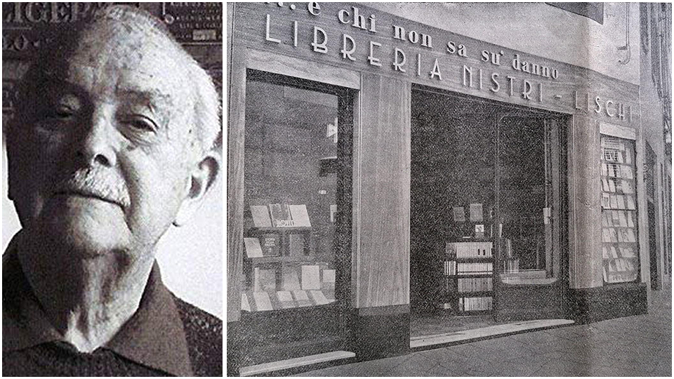 Una bella immagine di Luciano Lischi, accanto a destra l’ingresso della libreria a Pisa