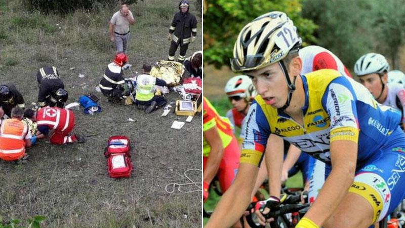 A sx i soccorsi durante l’incidente e a destra Michael Antonelli durante una corsa