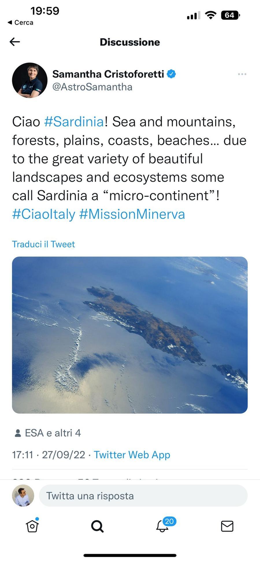 Ciao Sardegna, micro-continente anche dal cosmo: #Astrosamantha twitta foto e commenti mentre sorvola l’isola