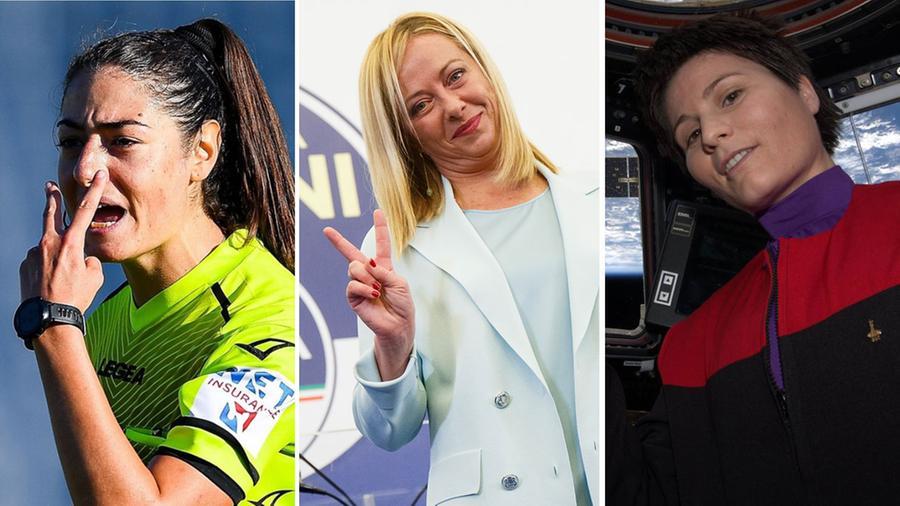 
	L&rsquo;arbitra Maria Sole Ferrieri Caputi, la leader FdI Giorgia Meloni e la comandante della Stazione spaziale Samantha Cristoforetti

