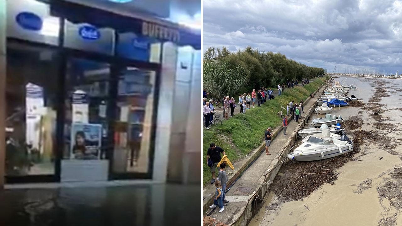 Il fotogramma del video girato in corso Matteotti a Cecina che inquadra la cartoleria Buffetti;accanto lo stato in cui versava il fiume Cecina dopo il forte temporale