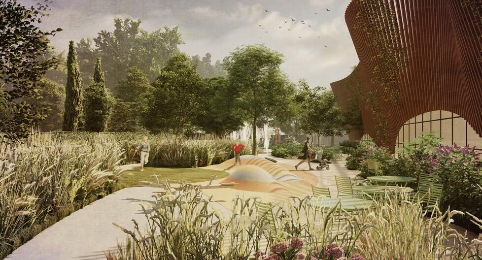 Un rendering del parco urbano intorno alla serra