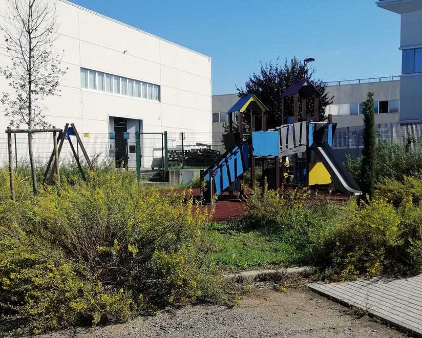 Un’area del parco giochi invaso dalle erbacce e del tutto impraticabile