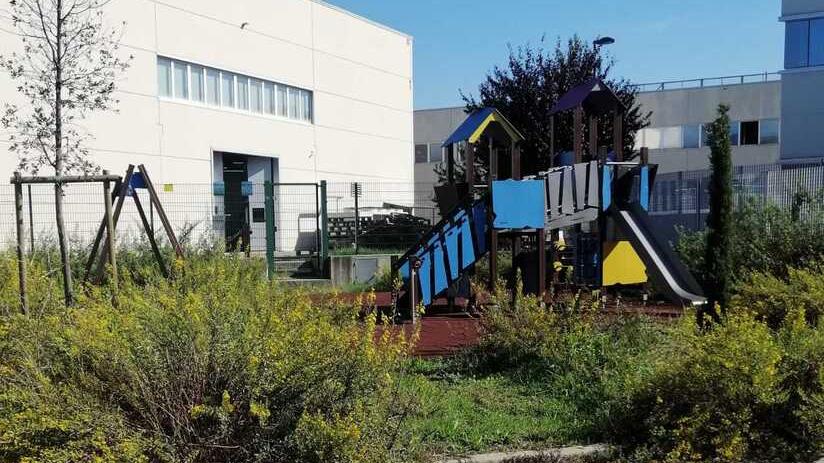 Un’area del parco giochi invaso dalle erbacce e del tutto impraticabile