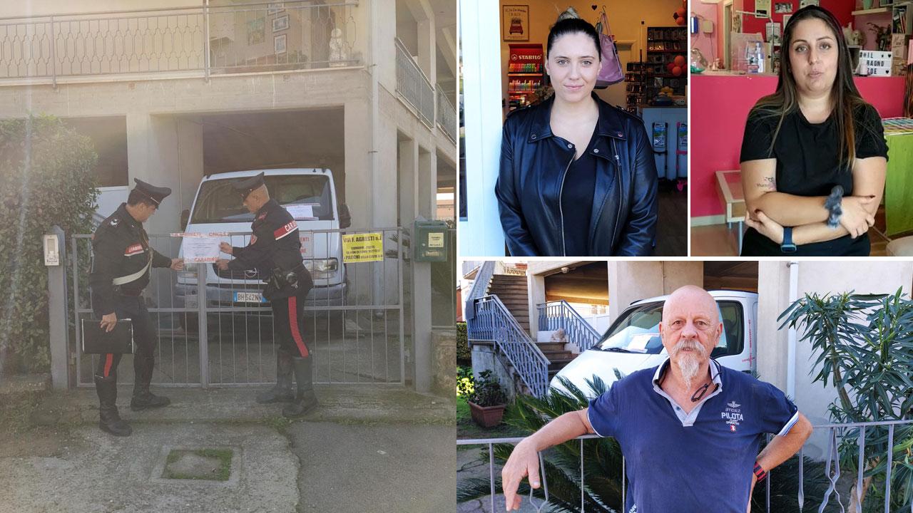 I carabinieri di fronte al sigillo di sequestro della casa, a sinistra (in senso orario) Giulia Berti, Jessica Littarru e Roberto Ticciati