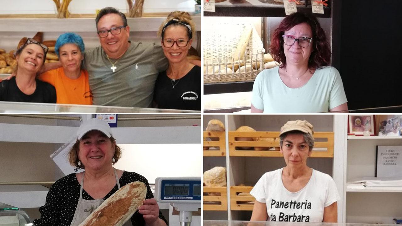 In alto a sinistra lo staff di Panificio Romagnoli (al centro Beatrice Fleicher e Fabrizio Romagnoli) e, in senso orario, Claudia Vinciguerra, Barbara Raspo e Anna Poggi