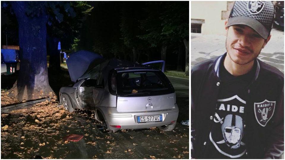 L’Opel Corsa condotta da Denis Jendoubi subito dopo l’incidente e una foto di Denis Jendoubi presa dal suo profilo Facebook