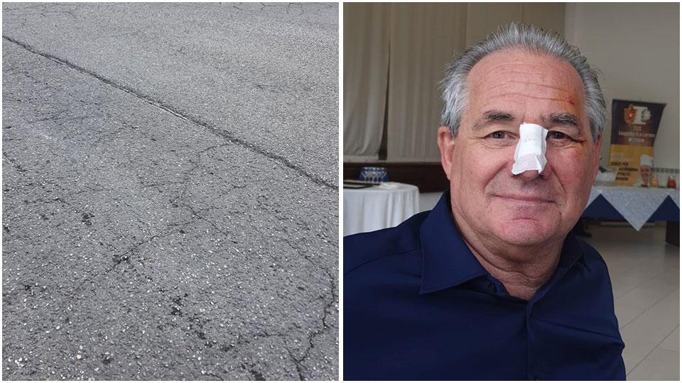 Il solco nel quale si è incastrata la ruota della carrozzina di Campinoti e il selfie di Graziano Campinoti per mostrare i postumi della caduta e tranquillizzare i soci dell’associazione
