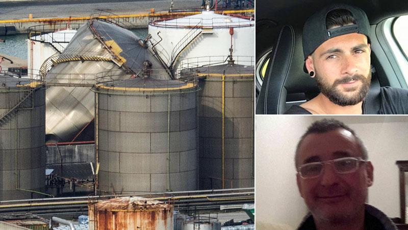 Nella foto la cisterna numero 62 esplosa alla Depositi Costieri Neri. In alto a destra Lorenzo Mazzoni. Sotto Nunzio Viola