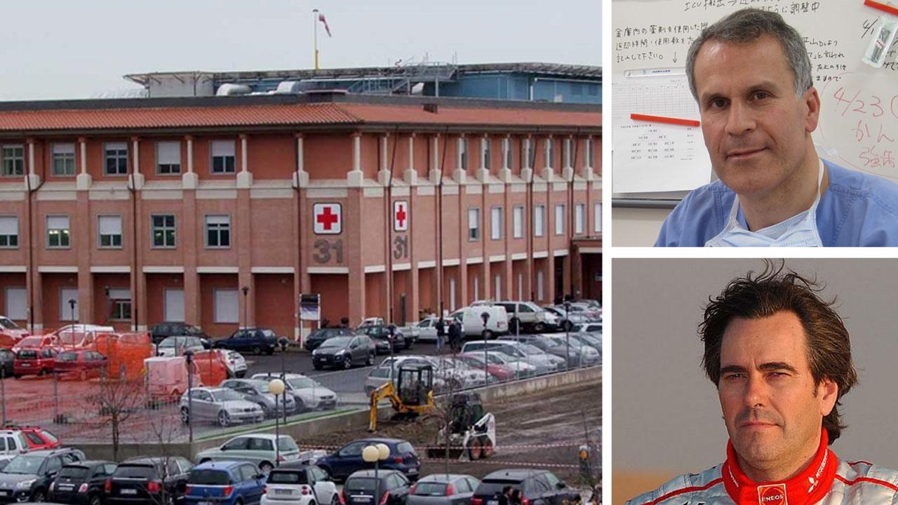 A destra il dottor Gaetano Liberti e l’ex campione del mondo di rally Tiziano Siviero a sinistra una veduta dell’ospedale di Cisanello a Pisa