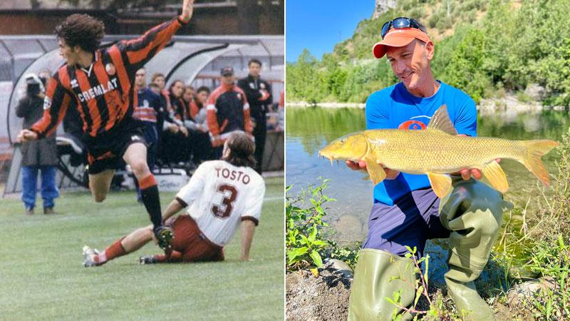 A sinistra Vannucchi impegnato con la maglia della Lucchese in serie B. A destra Ighli Vannucchi impegnato in una sua grande passione: la pesca