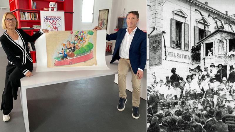 Il patto con Lucca. In alto a sinistra Maria Lina Marcucci e l’assessore lucchese Remo Santini mostrano il manifesto che verrà utilizzato per promuovere il corso carnevalesco sulle Mura