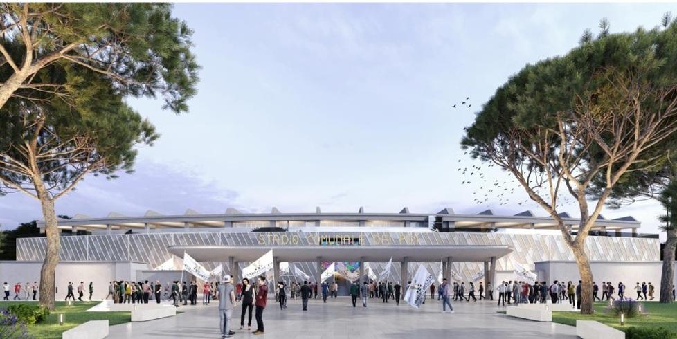 La simulazione dell’ingresso attuale dello stadio dei Pini rivisitato dal nuovo progetto