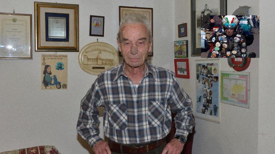 Enzo Luperini, nel riquadro in sella alla sua Vespa (Foto StoriePontedera.it)