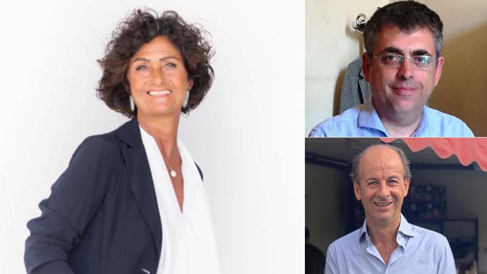 Rita Pieri, Forza Italia, già assessora nella giunta Cenni proprio come Gianni Cenni, Fratelli d’Italia. In alto a destra Simone Faggi attuale vice sindaco (Pd)