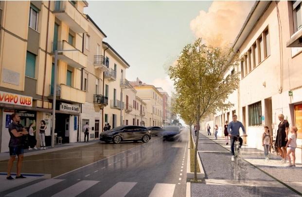 Nella foto, la simulazione al computer del rifacimento di via Mazzini, dal mare alla stazione