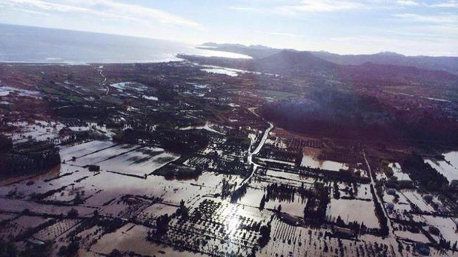 Una veduta aerea delle zone colpite dall'alluvione in Sardegna realizzata dall'elicottero nel novembre del 2013