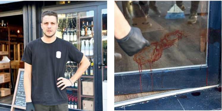 Davide Frassinesi, di Sughero e, a destra, il sangue rimasto su una porta (Foto Sernacchioli)