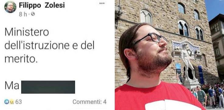 A destra Filippo Zolesi il prof finito al centro della polemiche. A sinistra il suo post su Facebook