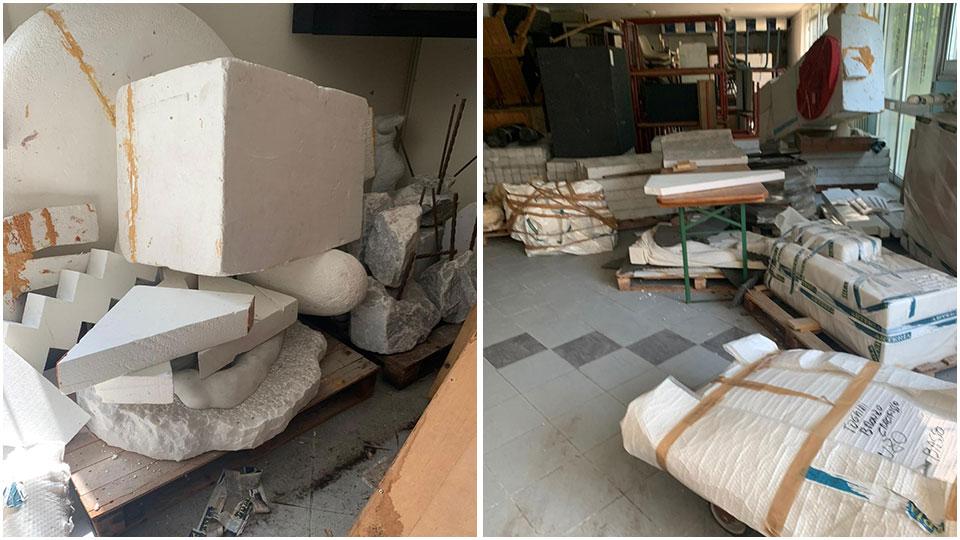 Alcune delle sculture imballate o accatastate nei magazzini comunali