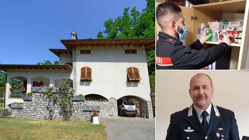 Alcuni dei medicinali rinvenuti durante le perquisizioni; il capitano Biagio Oddo comandante della compagnia carabinieri di Castelnuovo