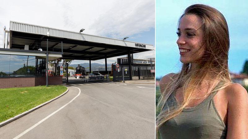 L’ingresso dello stabilimento Hitac hi Rail di via Ciliegiole. A destra Luana D’Orazio