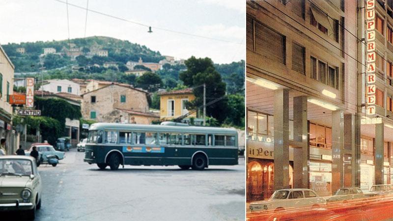 Un filobus fa manovra in piazza delle Carrozze (foto da Livorno com’era). A destra via Grande nei giorni dell’apertura della Standa (foto Bedini)