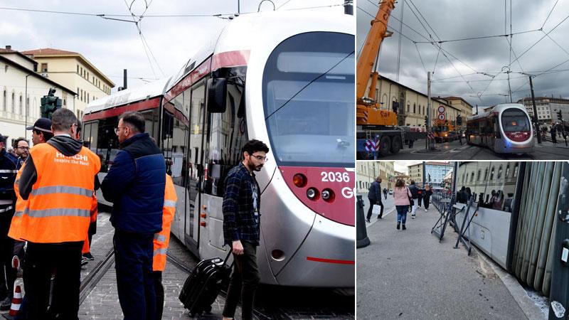 Nella foto grande tecnici e passeggeri davanti al tram sviato. A destra, in alto, le operazioni per sollevare il mezzo, in basso il vagone finiti contro il marciapiede