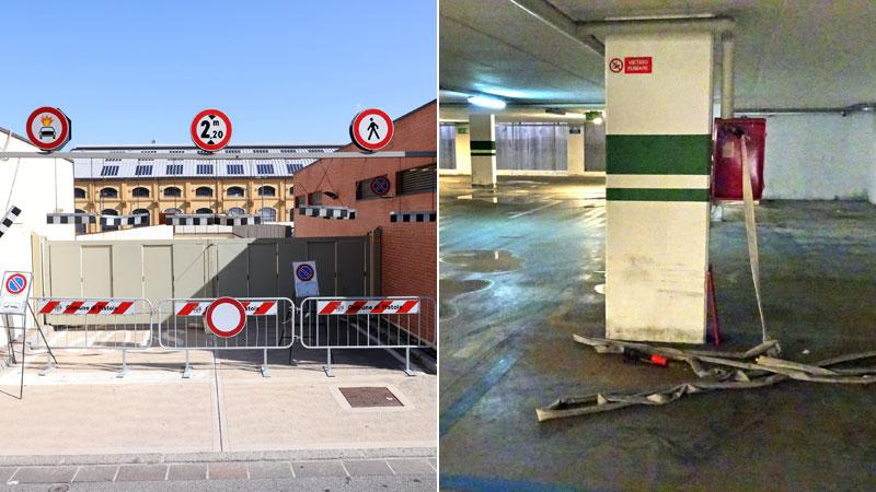 L’accesso chiuso ai piani interrati del parcheggio. A destra uno dei due piani dopo l’allagamento