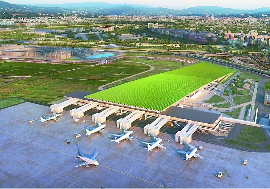 
	Un renderingdel futuro aeroporto di Peretola con il tetto del terminal &ldquo;verde&rdquo; coperto da vegetazione

