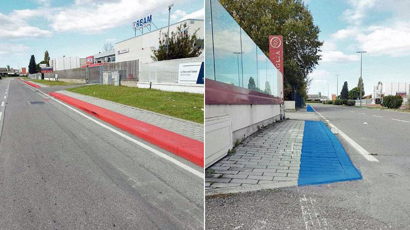 Alcuni dei marciapiedi dell’area di Ospedaletto già dipinti di rosso e di blu