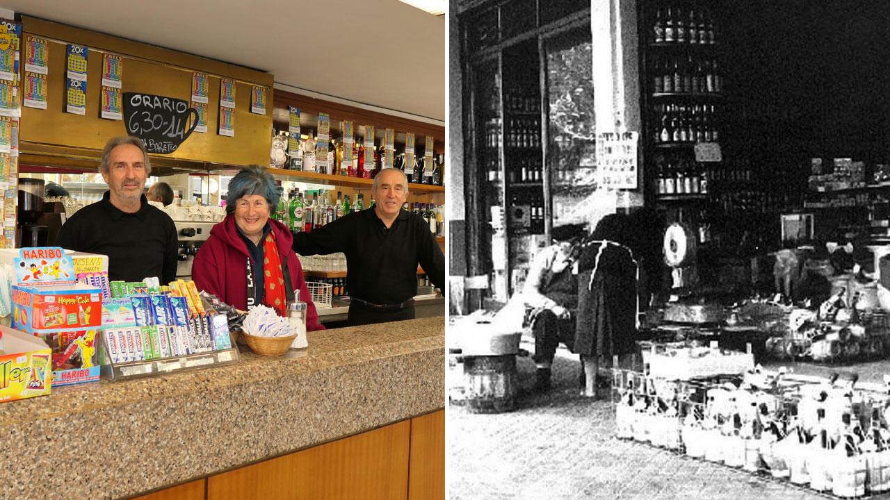 Immagini di una vita Irene al banco con figlio e fratello e la bottega di Natale Barsacchi, sostituita poi dal bar