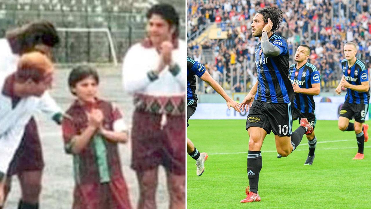 A sinistra uno scatto dell’album della famiglia Torregrossa: al centro della foto il piccolo Ernesto; a destra il bomber che esulta all’Arena
