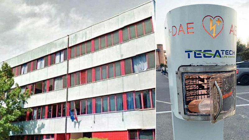 
	A sinistra la sede della scuola media &ldquo;Salvemini- La Pira&rdquo; di Montemurlo e a destra il defibrillatore danneggiato nei giardini &ldquo;Erasmo Meoni&rdquo;

