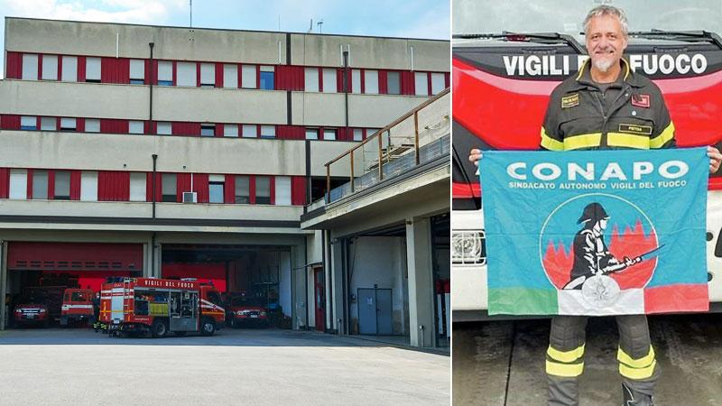 Un’immagine della caserma dei vigili del fuoco in via Luigi Russo. A destra Giuseppe Marini del sindacato Conapo